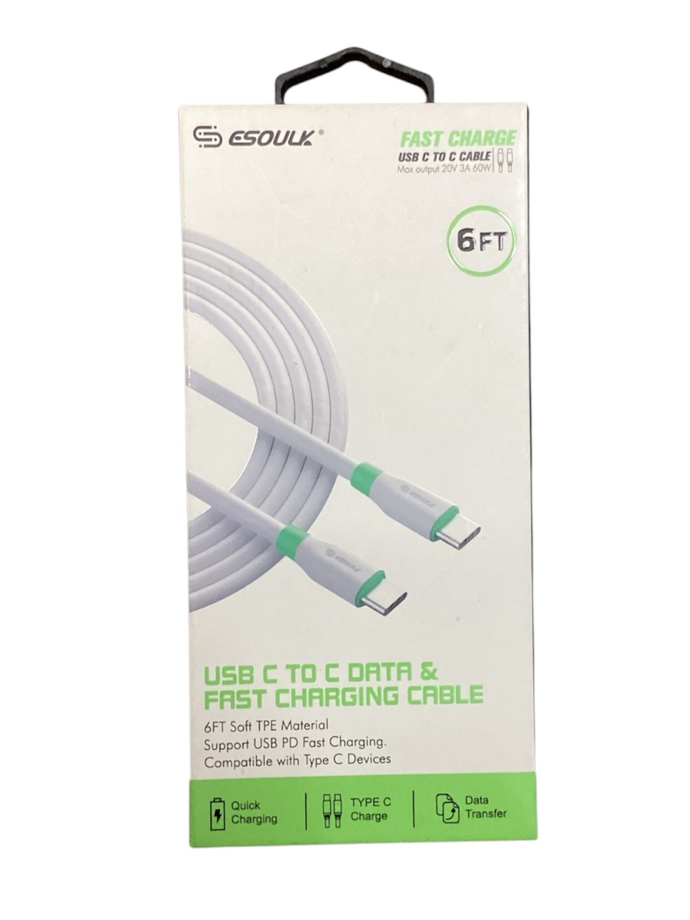 6FT White & Green USB-C to USB-C Fast Charging Cable